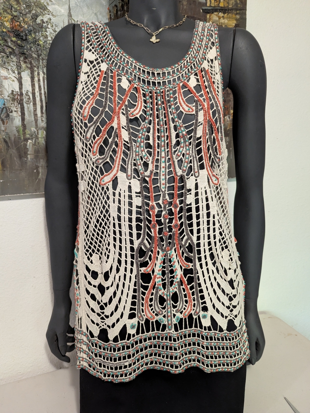 Antik Batik Cream Crochet Tank with Coral and Teal Embroidery